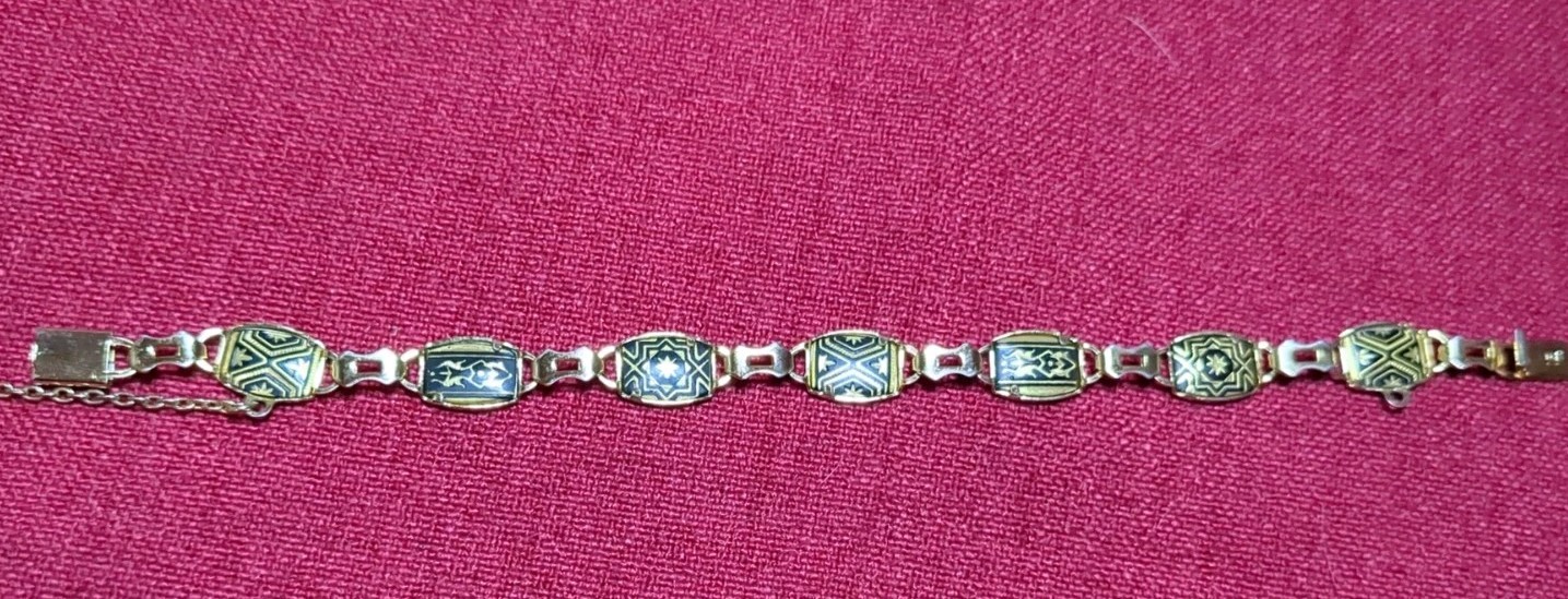 Vintage Midas “ia” Damascene Link Bracelet Black Gold Geometric Toledo Spain 7″