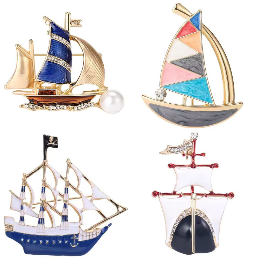Enamel Sailboat Brooch Rhinestone Nautical Ship Pin Ocean Cruise Jewelry Gift