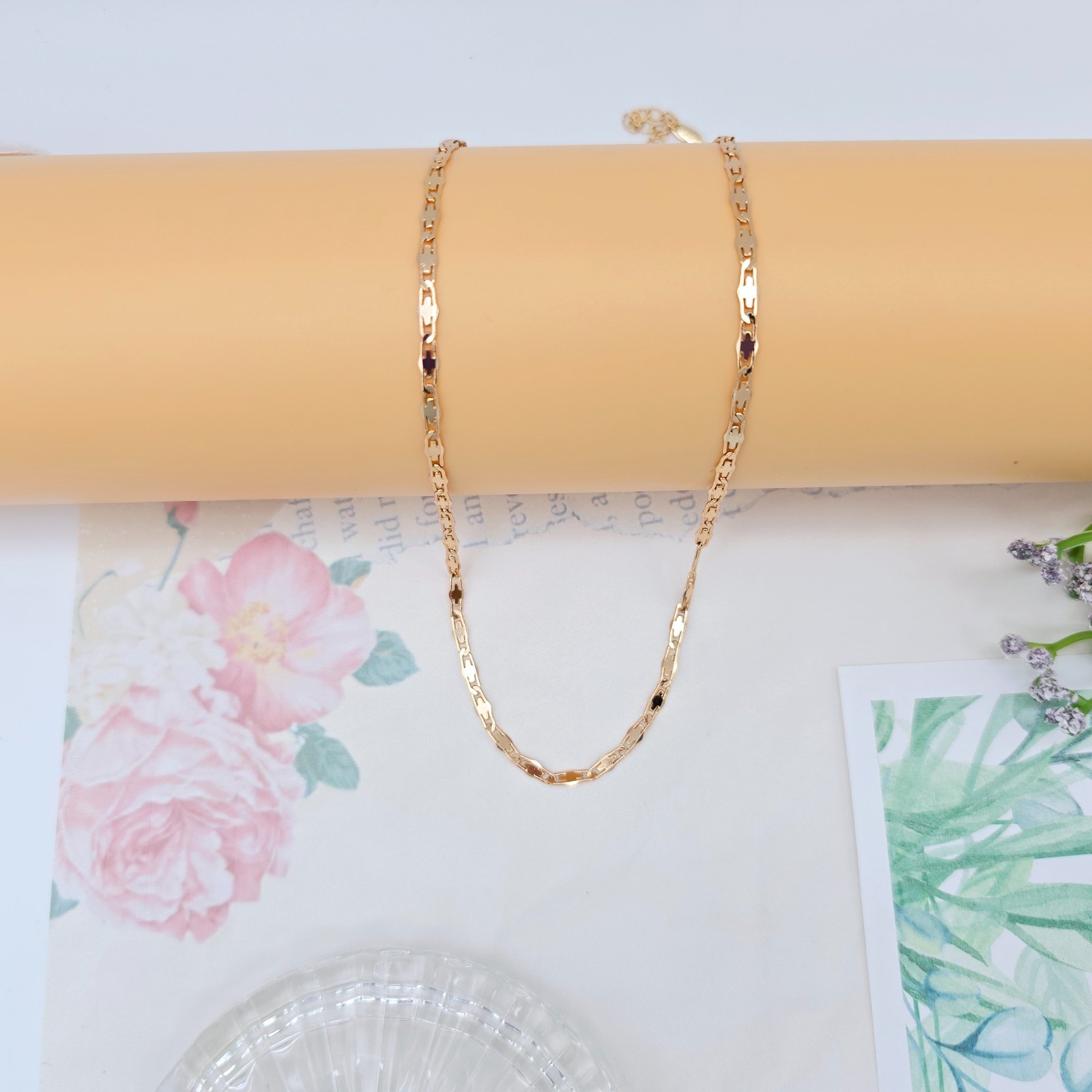 45+5cm Adjustable, XPNL0057 “Rose Gold Flat Geometric Link Necklace for Women