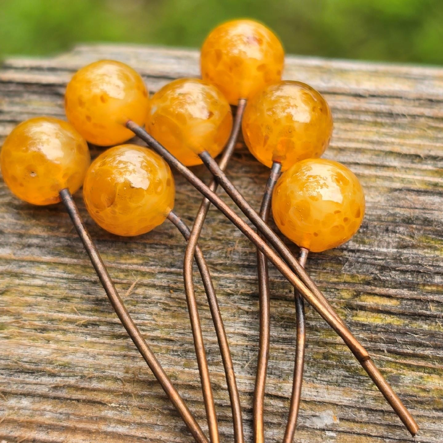 7 Vintage Honey Marigold Mottled Art Glass Embedded Wire Beads Drops Dangles