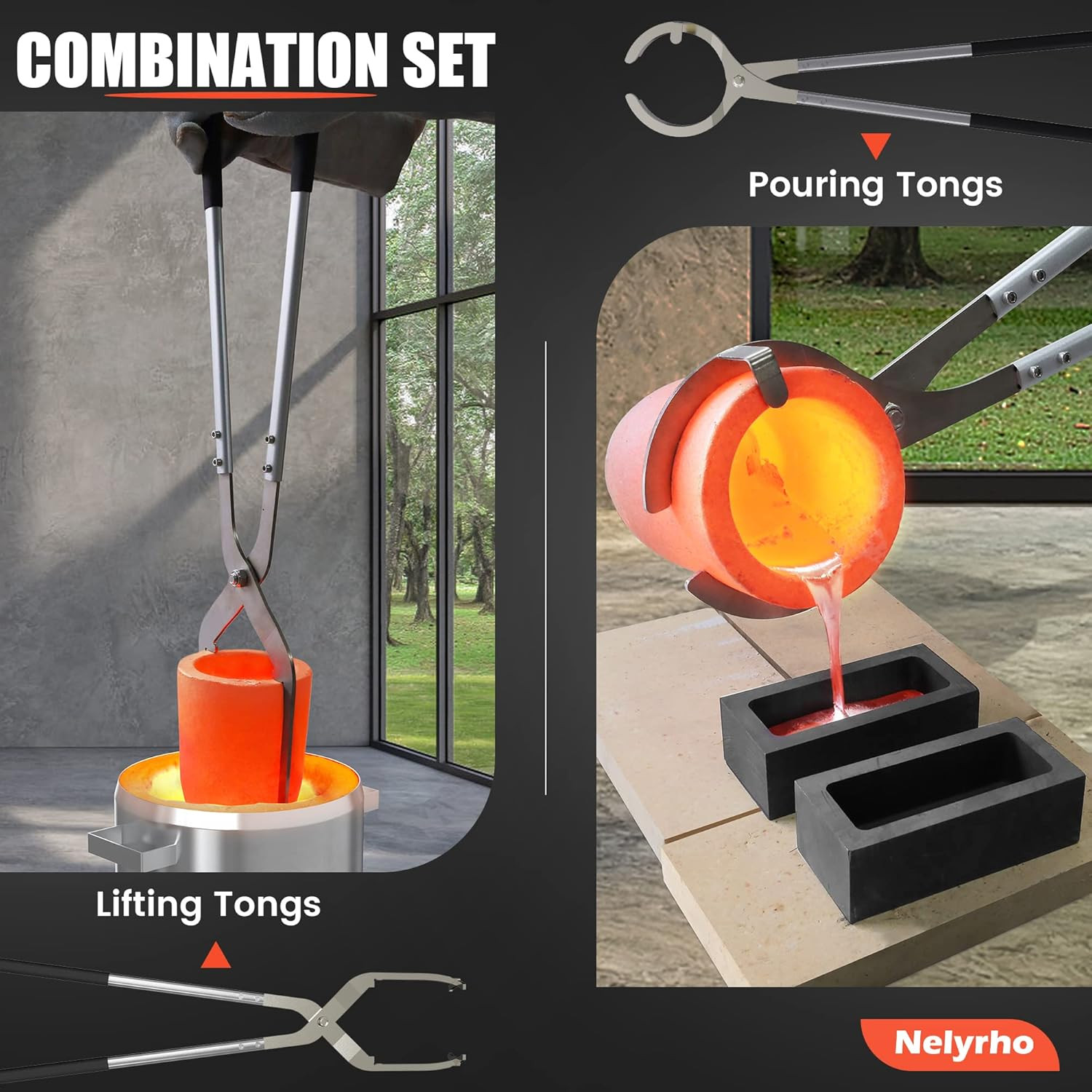 #10 (26Lbs-12Kg) Crucible Tongs Set with Lifting Tongs, Pouring Tongs and 2 Grap