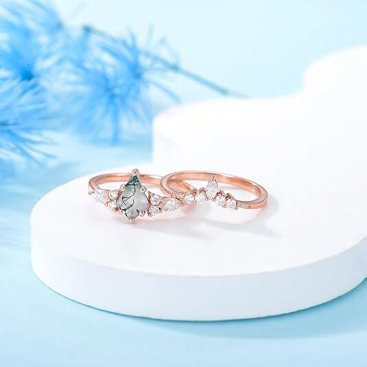 Natural Green Moss Stone Agate Fashion Rings 2pcs Set