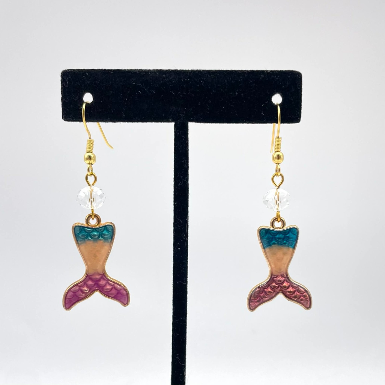 Handmade Gold-tone Mermaid Multi-colored Enamel Tail and Glass Bead Earrings