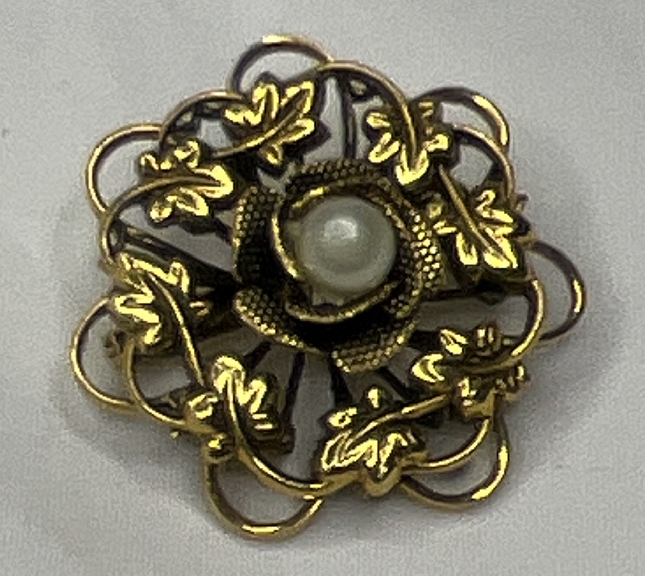 Vintage Wreath Leaves Brooch Singed~Freirich Gold Tone & Faux Pearl Victorian