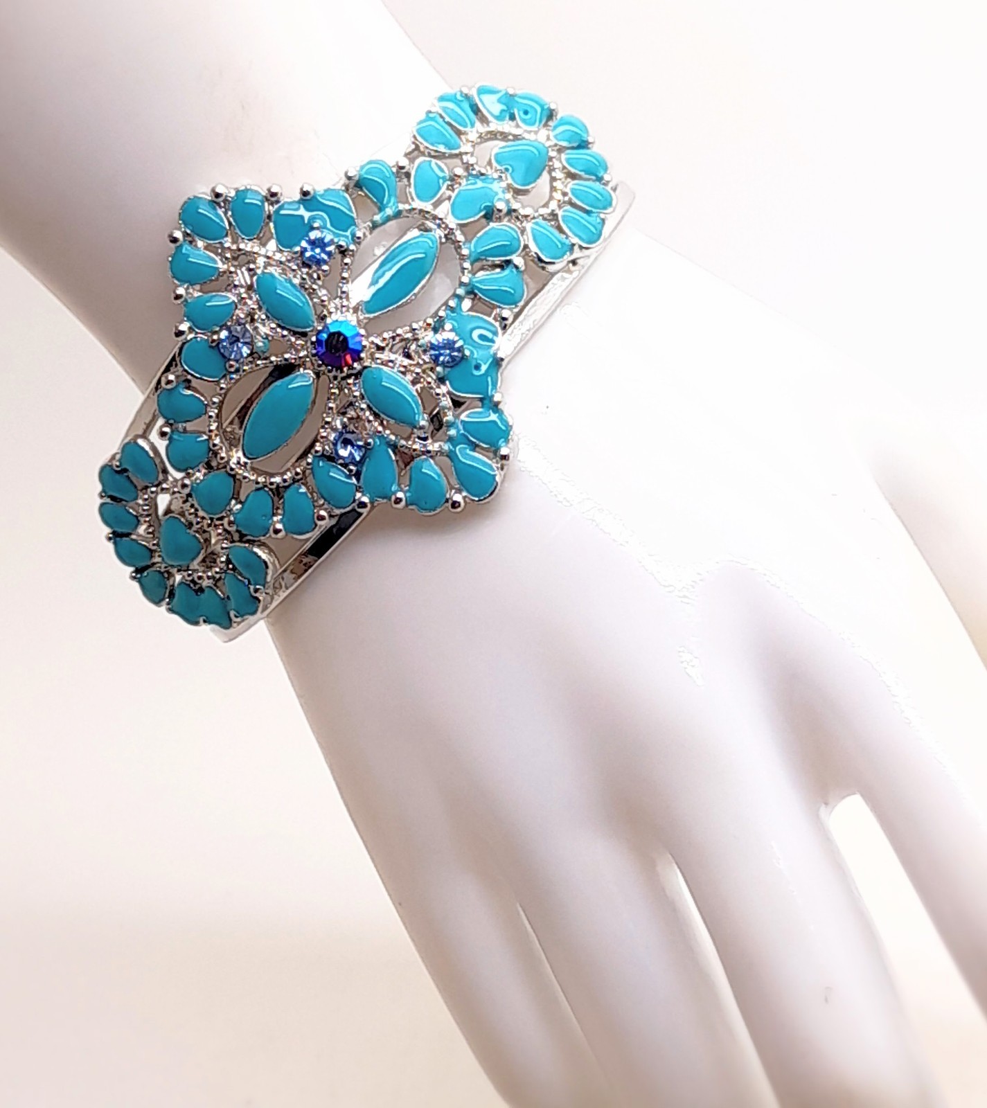 Modern style Silver Tone Metal 1.75″ Wide Cuff blue enamel fashion Bracelets