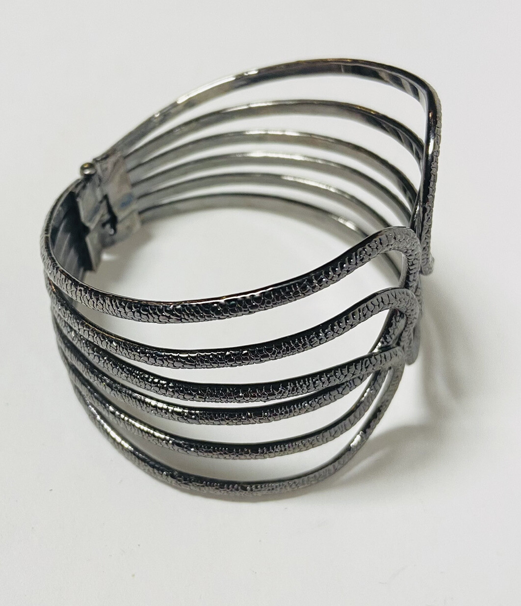 Metal Hinged Cuff Bracelet Textured Charcoal Gray Contemporary Rounded Bands