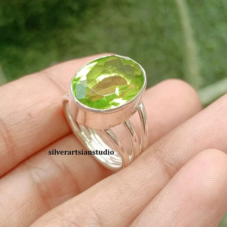 Genuine Green Peridot 925 Sterling Silver Simple Design Handmade Ring, All Size