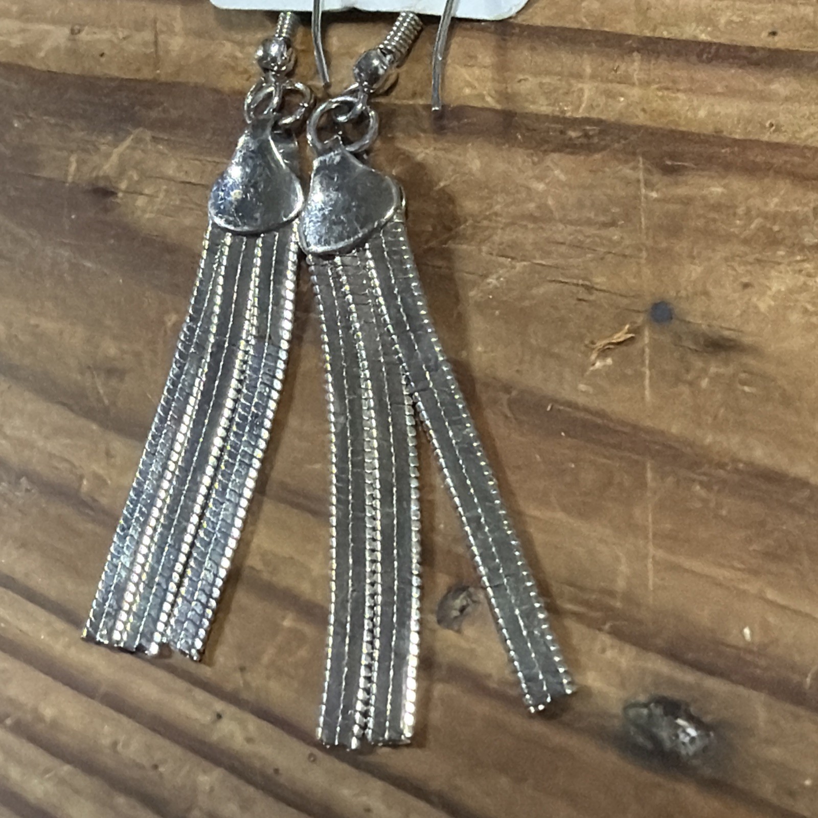 Silver Toned Dangling Chain Fringe Tassle Drop Earings