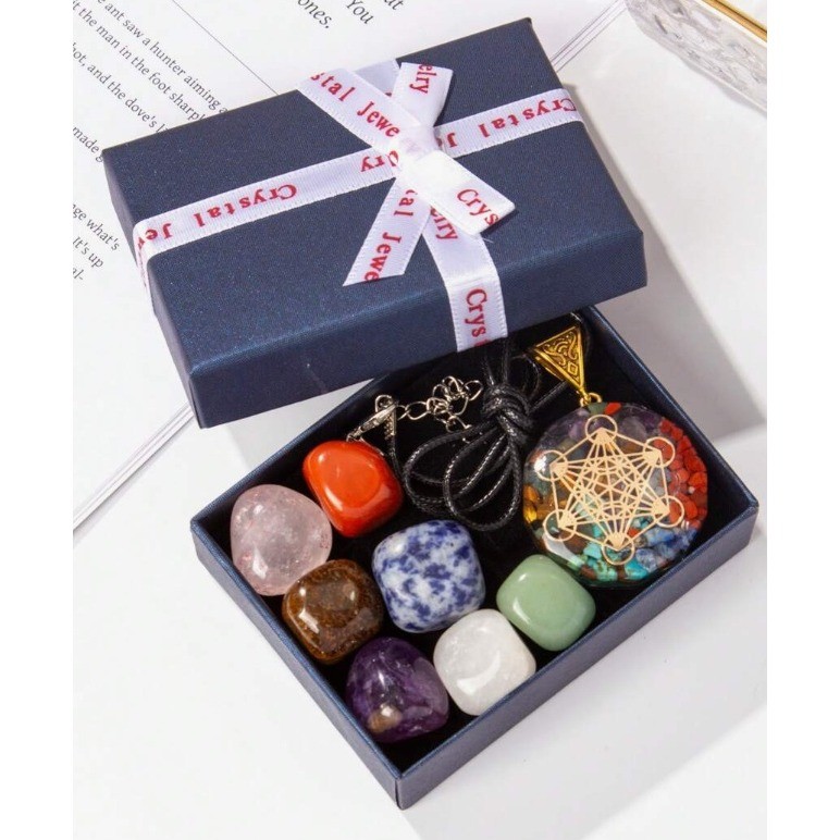7 Chakra Healing Crystal Set Metatron Cube Orgone Pendant Necklace Gift Box New