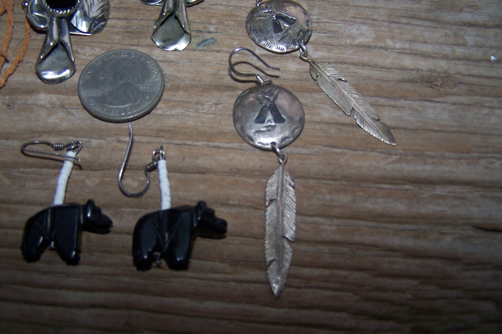 Southwestern Nickle Silver Stone Fetish Feather Squash Blossom Earrings Lot of 6