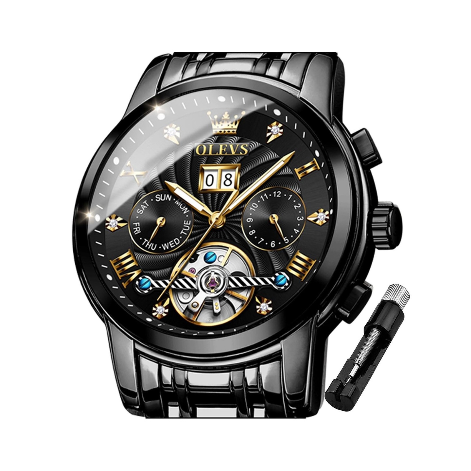 OLEVS Men Automatic Watch Skeleton 5 Hands Mechanical Classic Luxury Multi Ca…