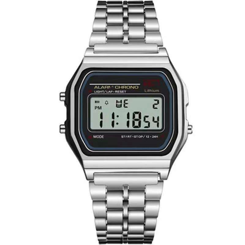 CLASSIC DIGITAL RETRO WATCH F-91W STYLE SPORT ALARM GOLD SILVER BLACK GIFT