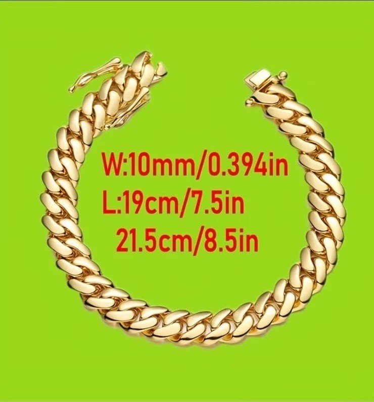 Set 2Pc Cuban Chain Necklace & Bracelet for Men 18K Gold Plated 10mm 7.5/26inch