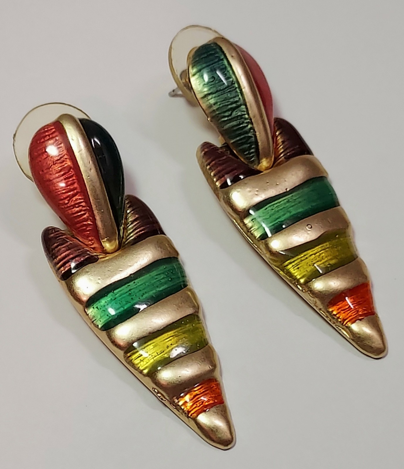 Don Lin Enamel Earrings Vintage Pierced Matte Gold Tone Boho Signed