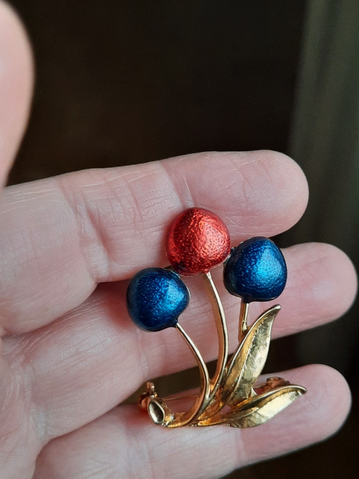 Vintage Brooch Fruit Cherries Pin Red Blue Enamel Gold Tone 1980s American Diner