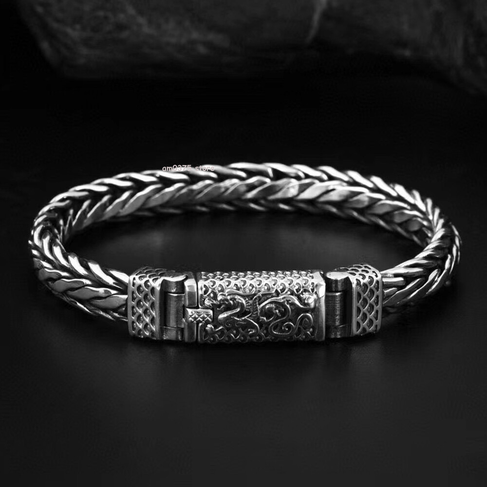 Real S925 Sterling Silver Bracelet Men Women 9mm Dragon Weave Link Chain