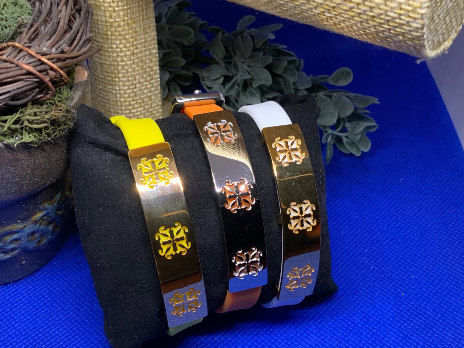 Rustic Cuff set 3 bracelets white, yellow, & orange 🐣🐇 w/ gold logo WITH BAG!