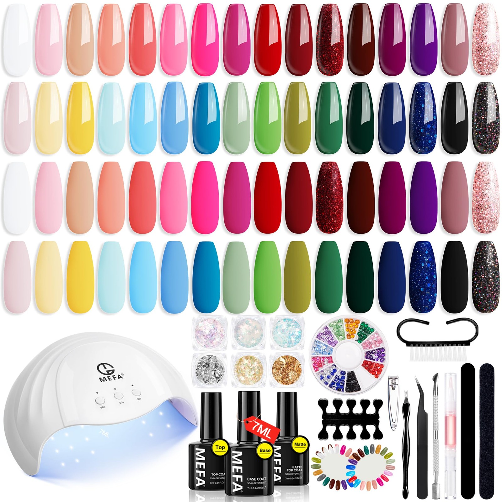 MEFA 56pc Gel Nail Polish Kit w/ UV Light, 32 Colors Hot Pink & Glitter Gels