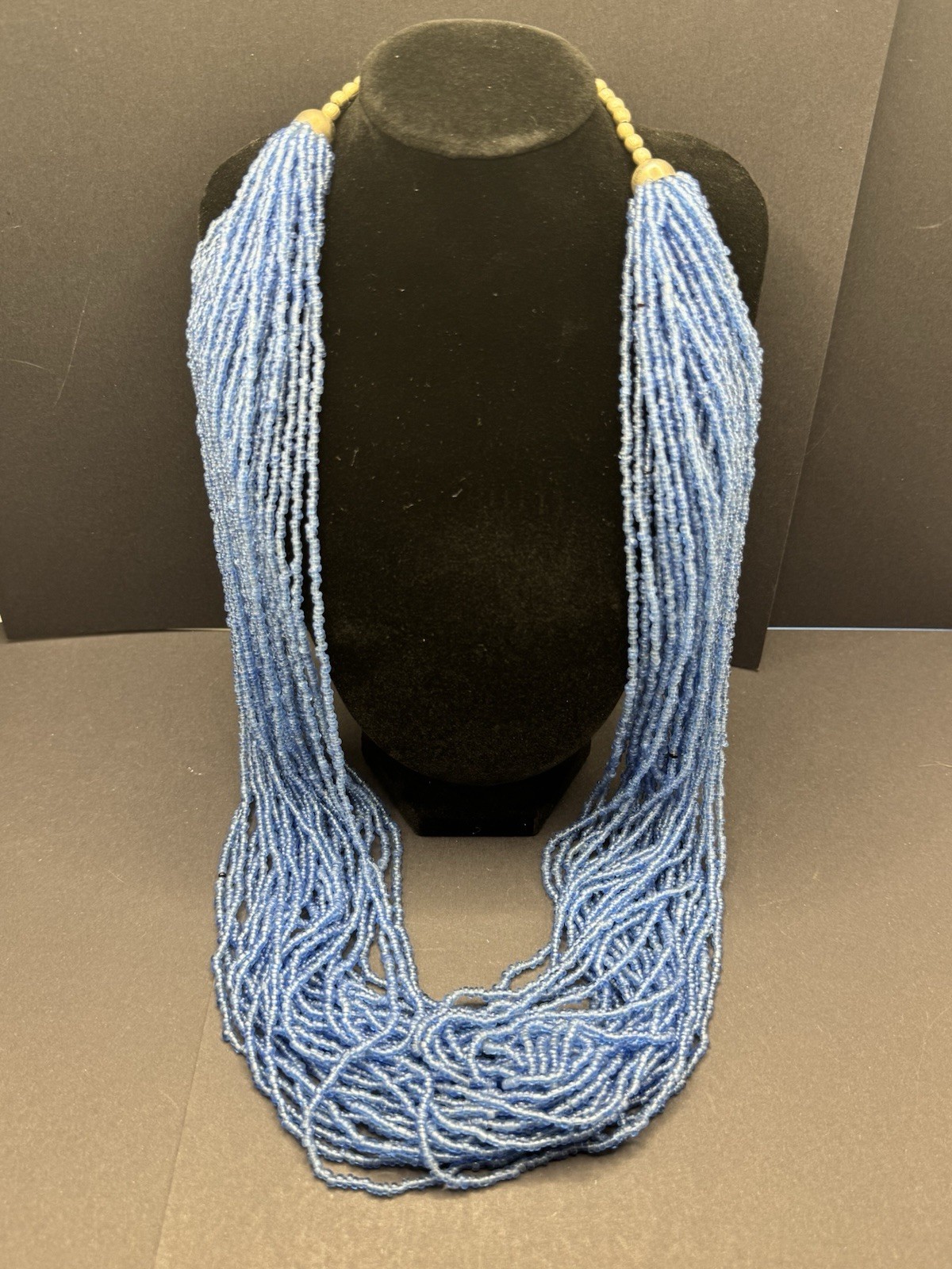 Light Blue Vintage Glass Seed Bead 30-Strand Necklace 32” Hook and Eye Closure