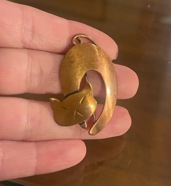 Vintage Otto Robert Bade ORB Signed Hand Wrought Copper MCM Style Cat Brooch