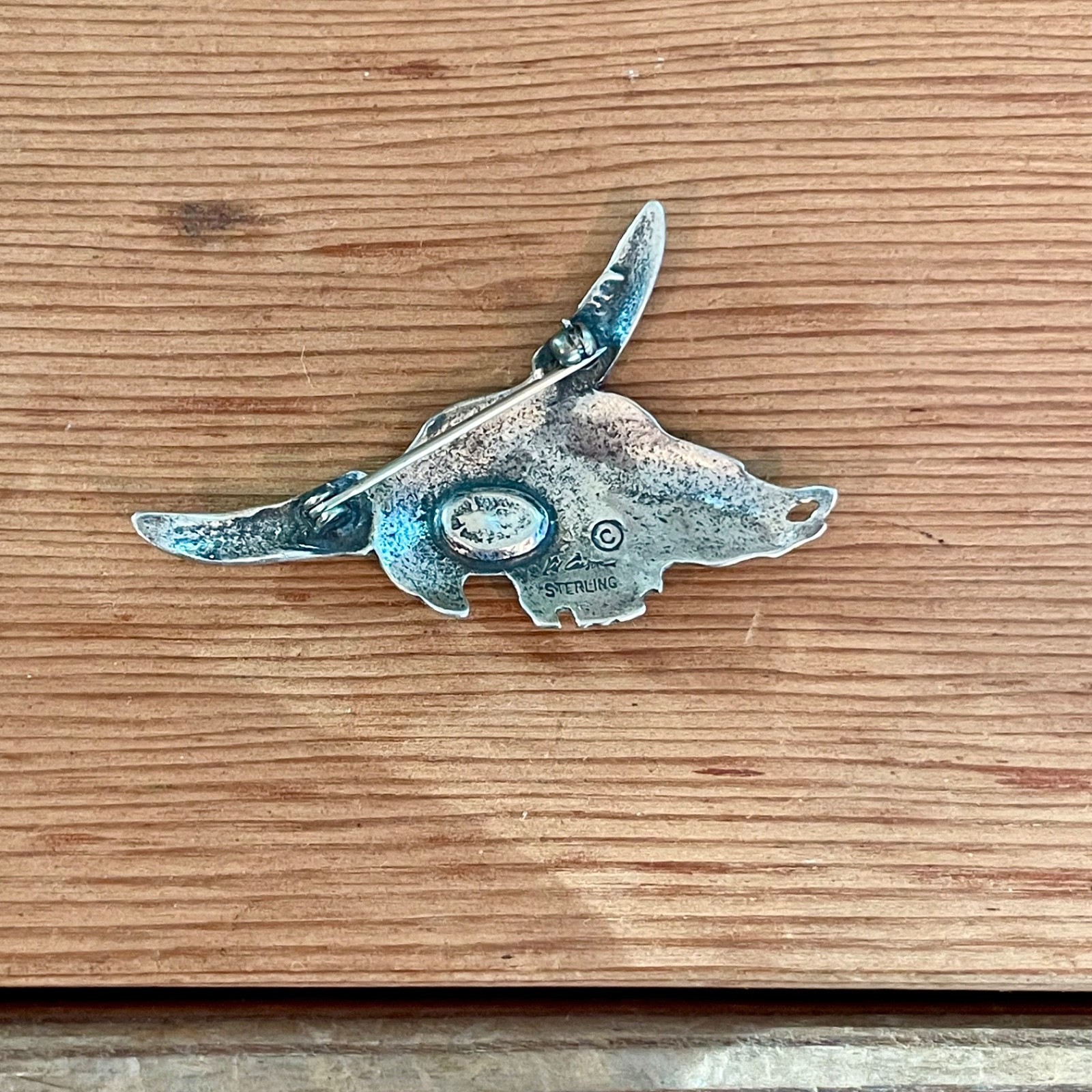 Vintage Sterling Kit Carson Buffalo Skull Brooch Pin .15 oz 2×1.5″