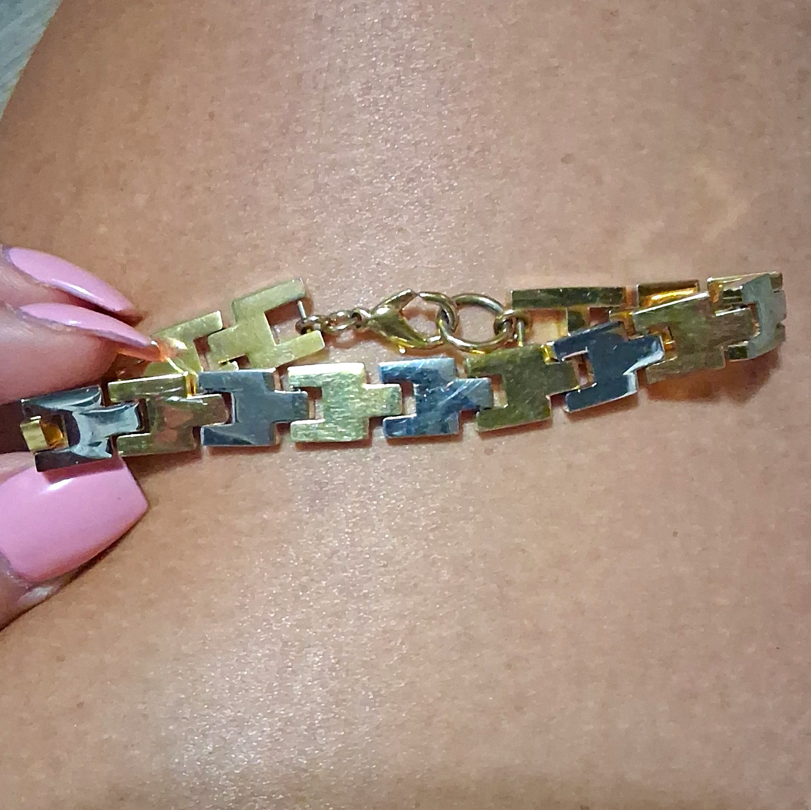 Two Tone Gold & Silver Geometric Link Chain Bracelet with Lobster Clasp