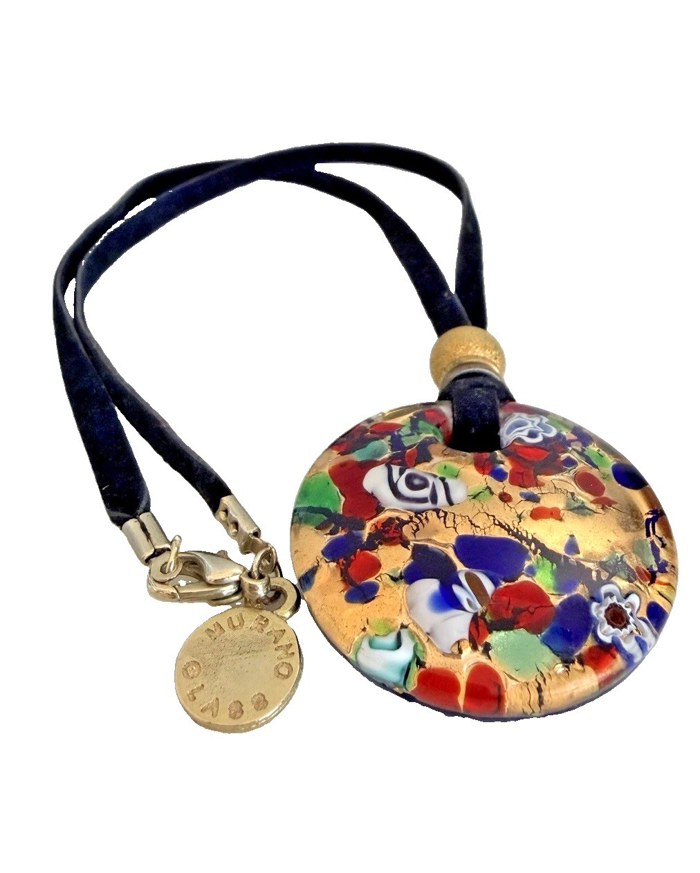 Vintage Italy Vetro Di Murano Black Cord Multi-Color Glass Pendant Necklace 16″
