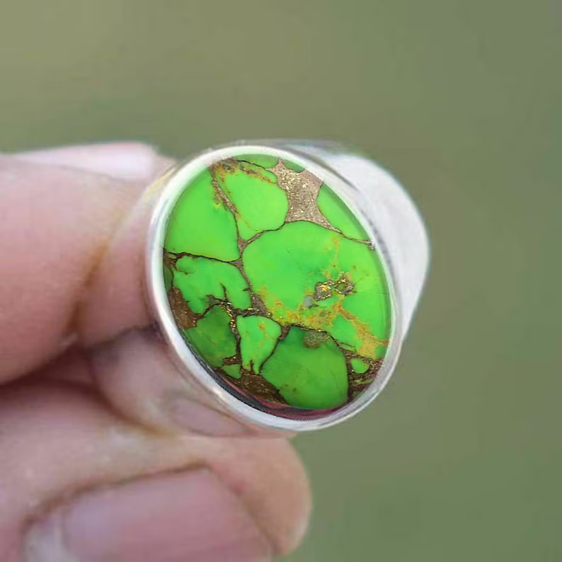 Solid 925 Sterling Silver AA Natural Copper Turquoise Gemstone Men’s Unisex Ring