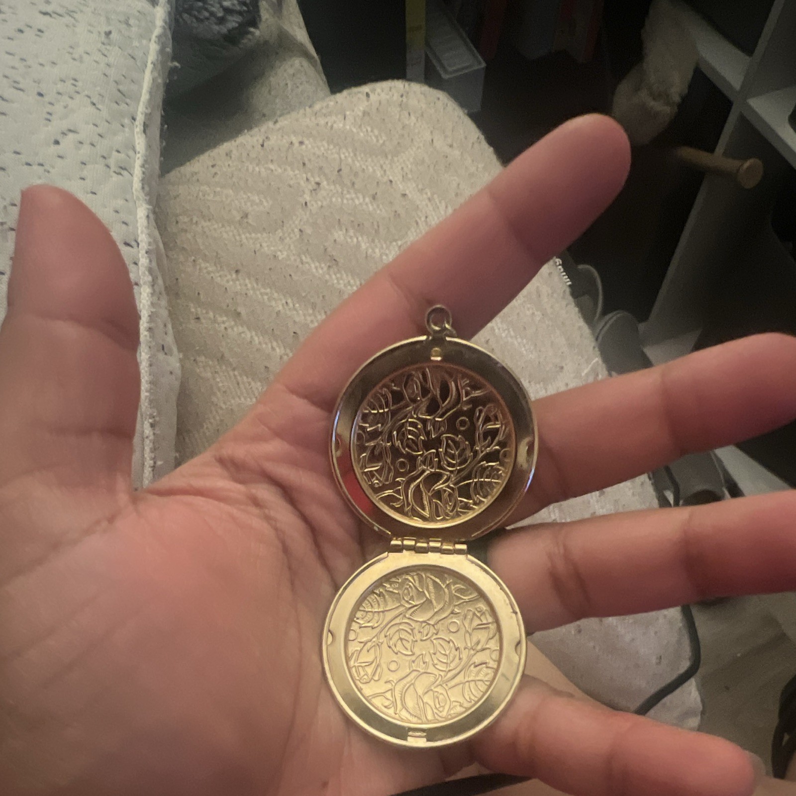 Round Gold Tone Metal Engraved Floral Hinged Photo Locket Pendant