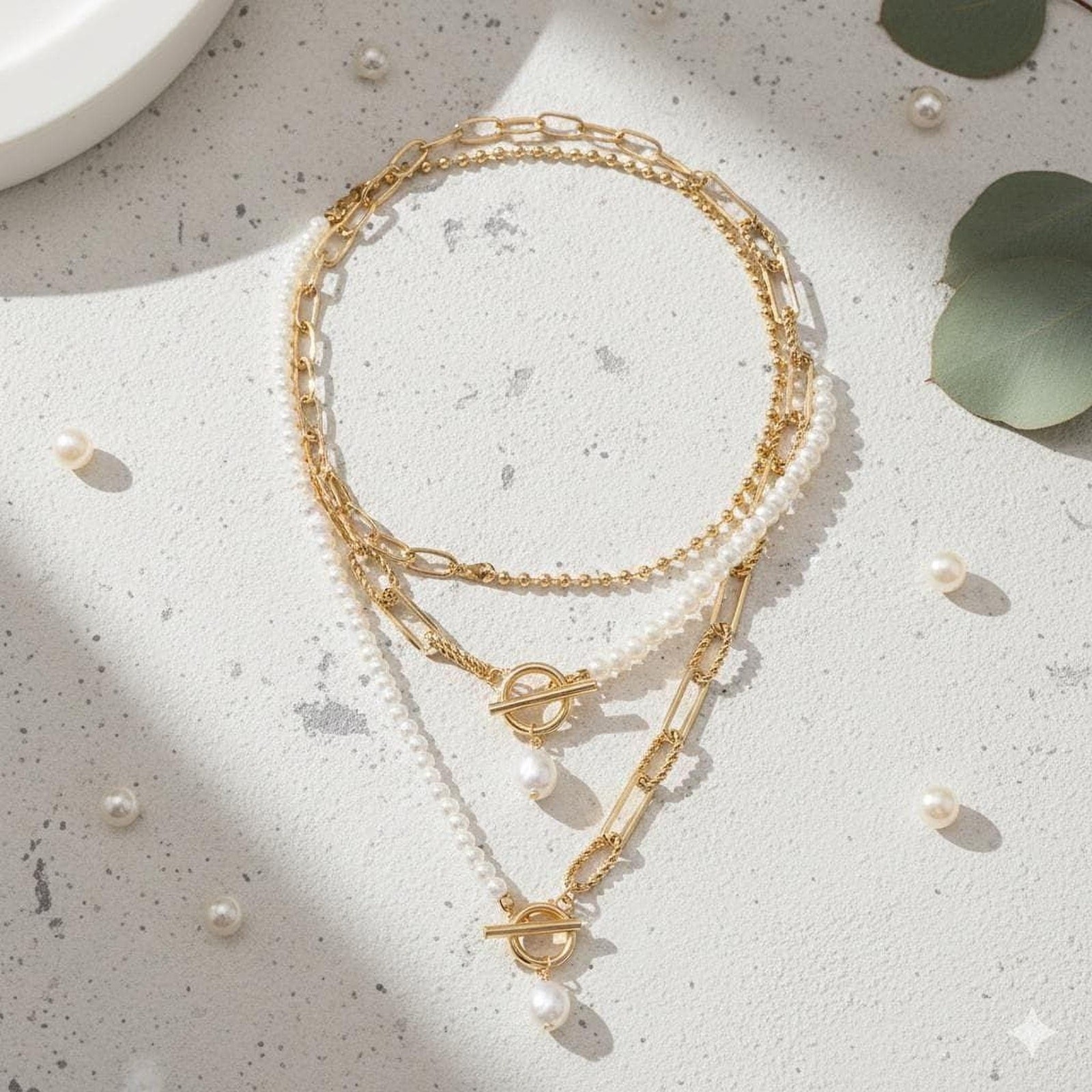 Layered Gold and Pearl Necklace: Paperclip Chain with Toggle Clasp (16-18″)