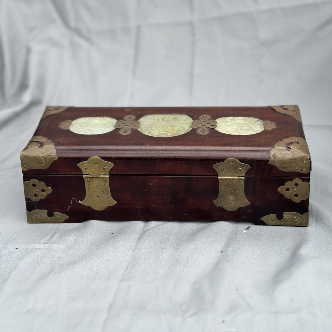 Wood Jewelry Box w/ Metal Hardware, Red Fabric Lined Interior, Asian Theme