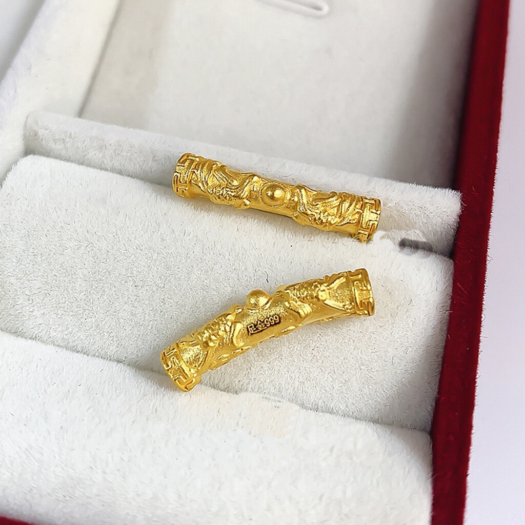 1PCS Pure 999 24K Yellow Gold Bead Lucky Dragon Phoenix Long Tube Bend Pendant