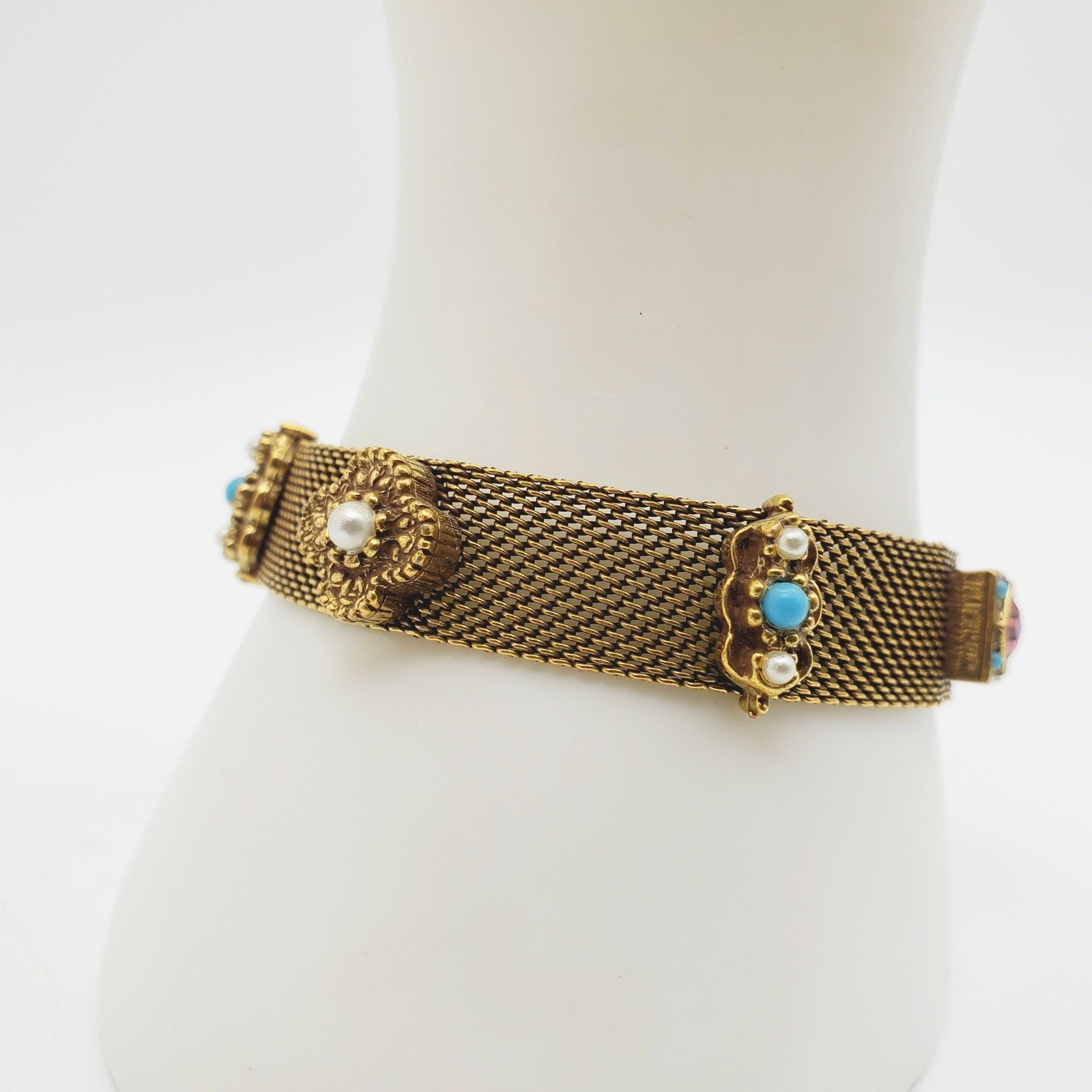 Vtg Goldette Gold Tone Victorian Revival Mesh Chain Bracelet Jeweled Blue Purple