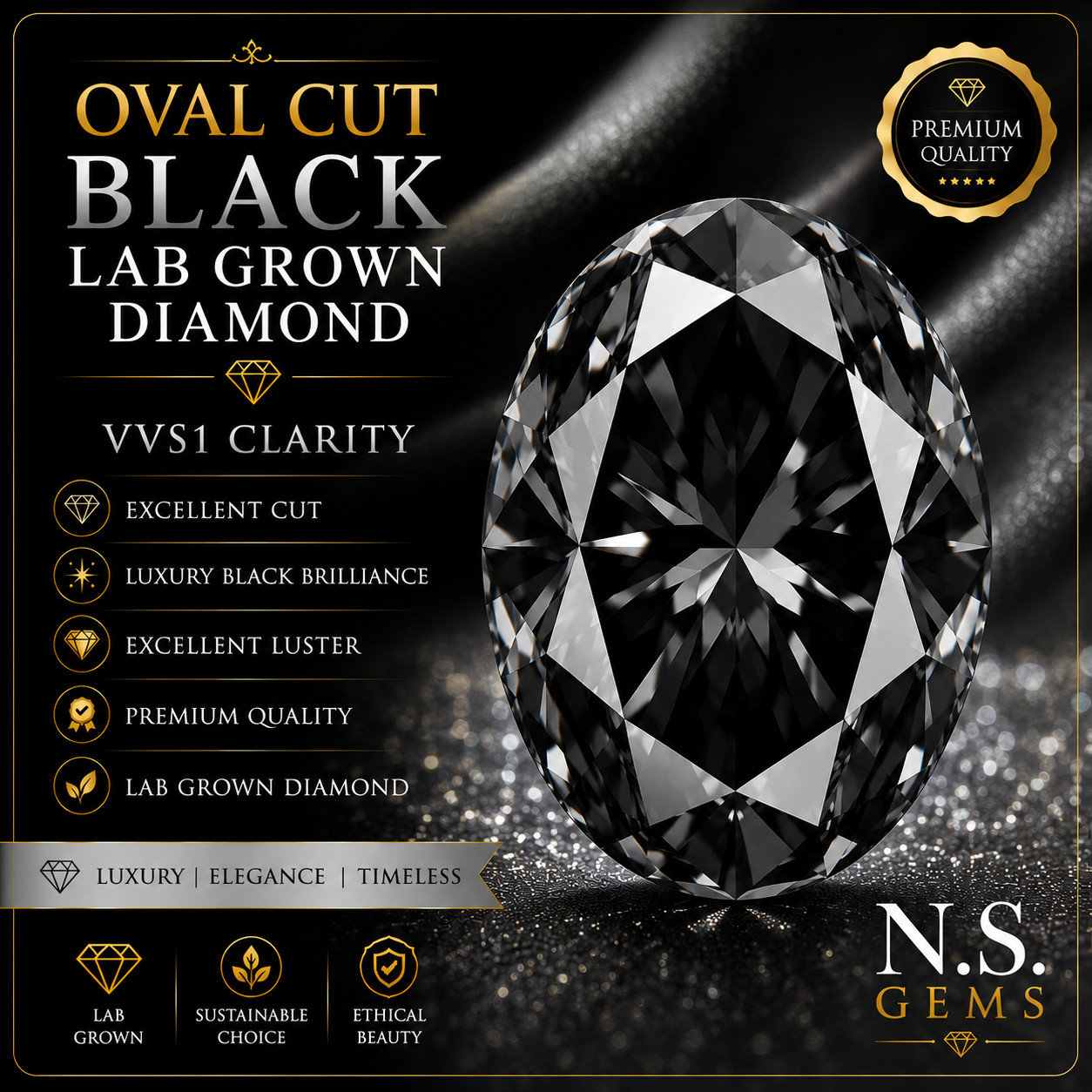 2 Ct Oval Cut Black Lab Grown Diamond VVS1 Loose Gemstone Luxury Black.