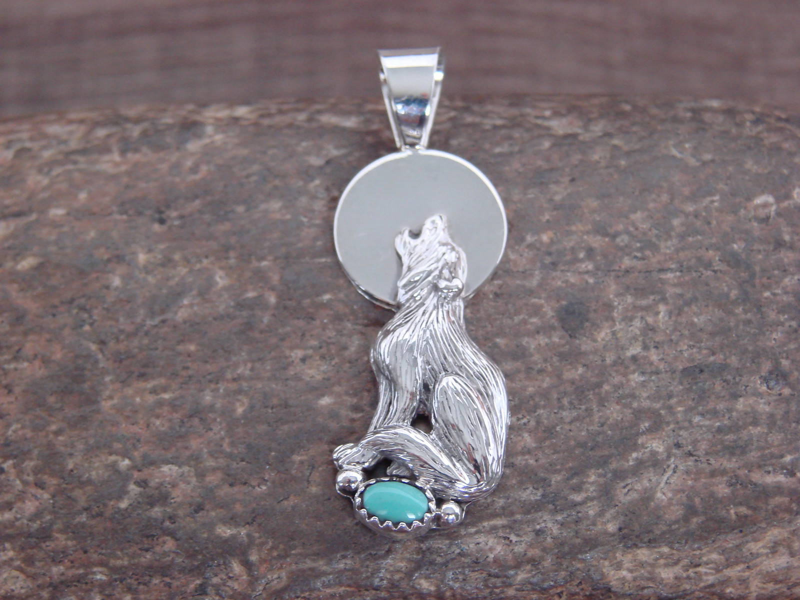 Native American Sterling Silver Turquoise Wolf Pendant by Yellowhair