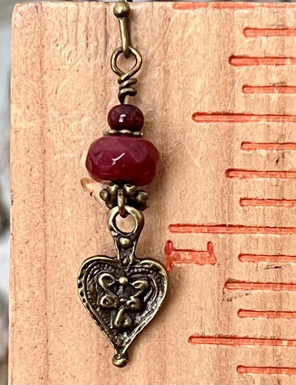 Beautiful Etched Bronze with Deep Red Picasso Bead Dangle Earrings.