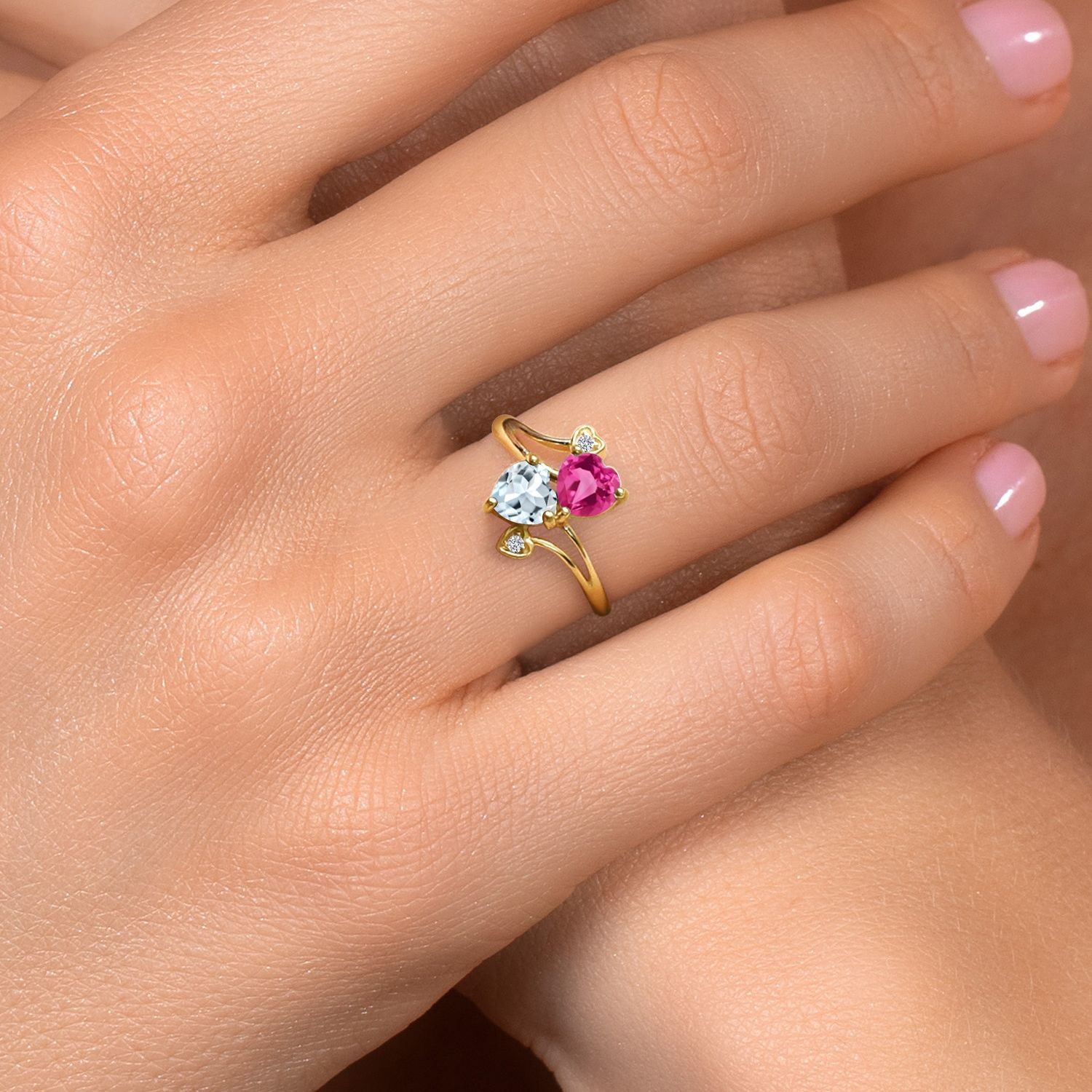18K Yellow Gold Plated Silver Pink Created Sapphire Aquamarine and White