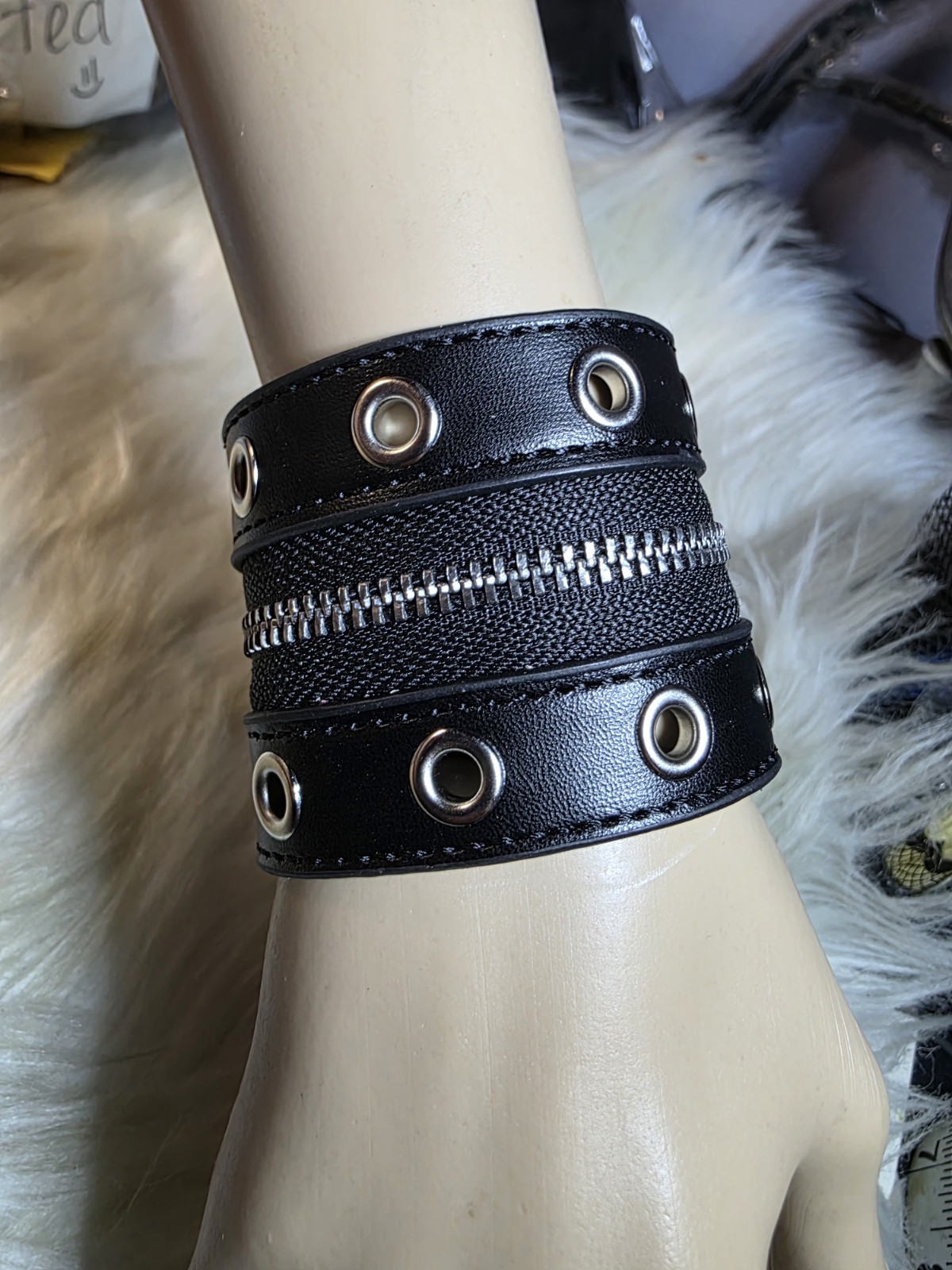 Black Faux Leather Wide Wrap Bracelet with Silver Grommets & Zipper