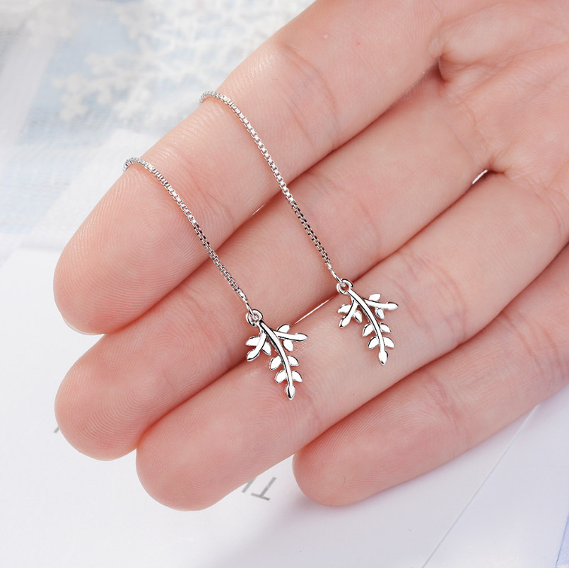 925 Silver Tone Olive Leaf Threader Dangle Drop Earrings Long Chain C9