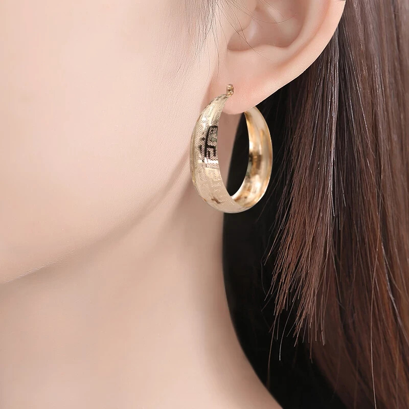 NEW LARGE GREEK KEY ROUND HOOP EARRINGS YELLOW GOLD PLATED LIGHT WEIGHT