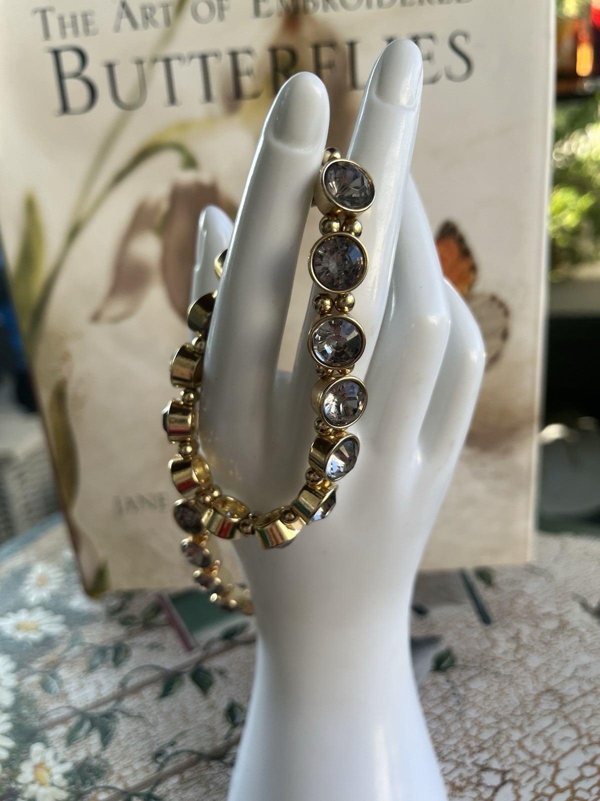 Two Stretch Bracelet Beaded Smoke Clear Gold Tone 7” Ish