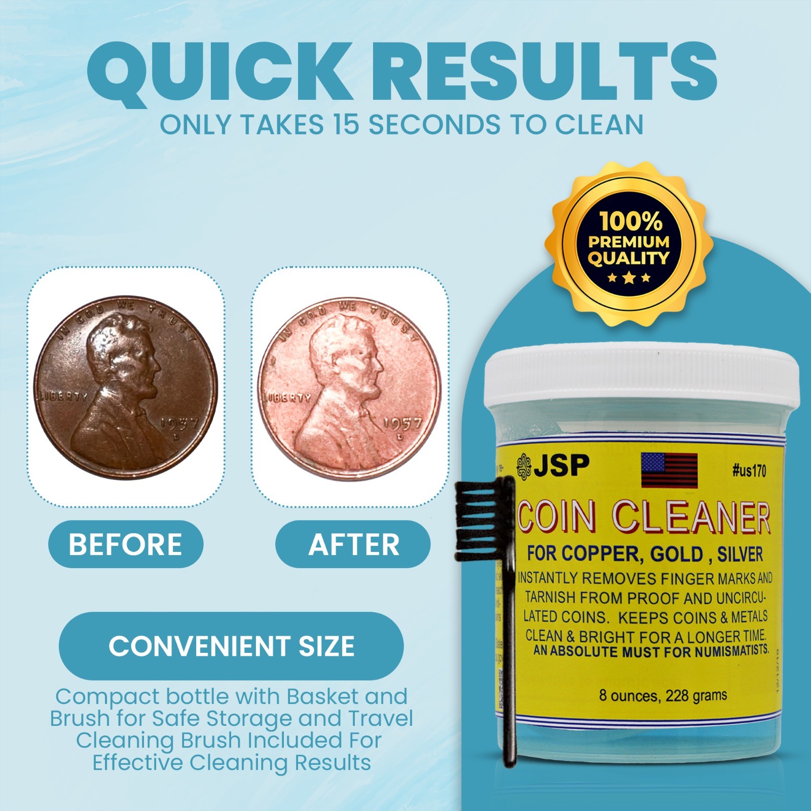 JSP SUPER COIN CLEANER 16 ounces Silver Copper Gold Jewelry Bars Remove Tarnish