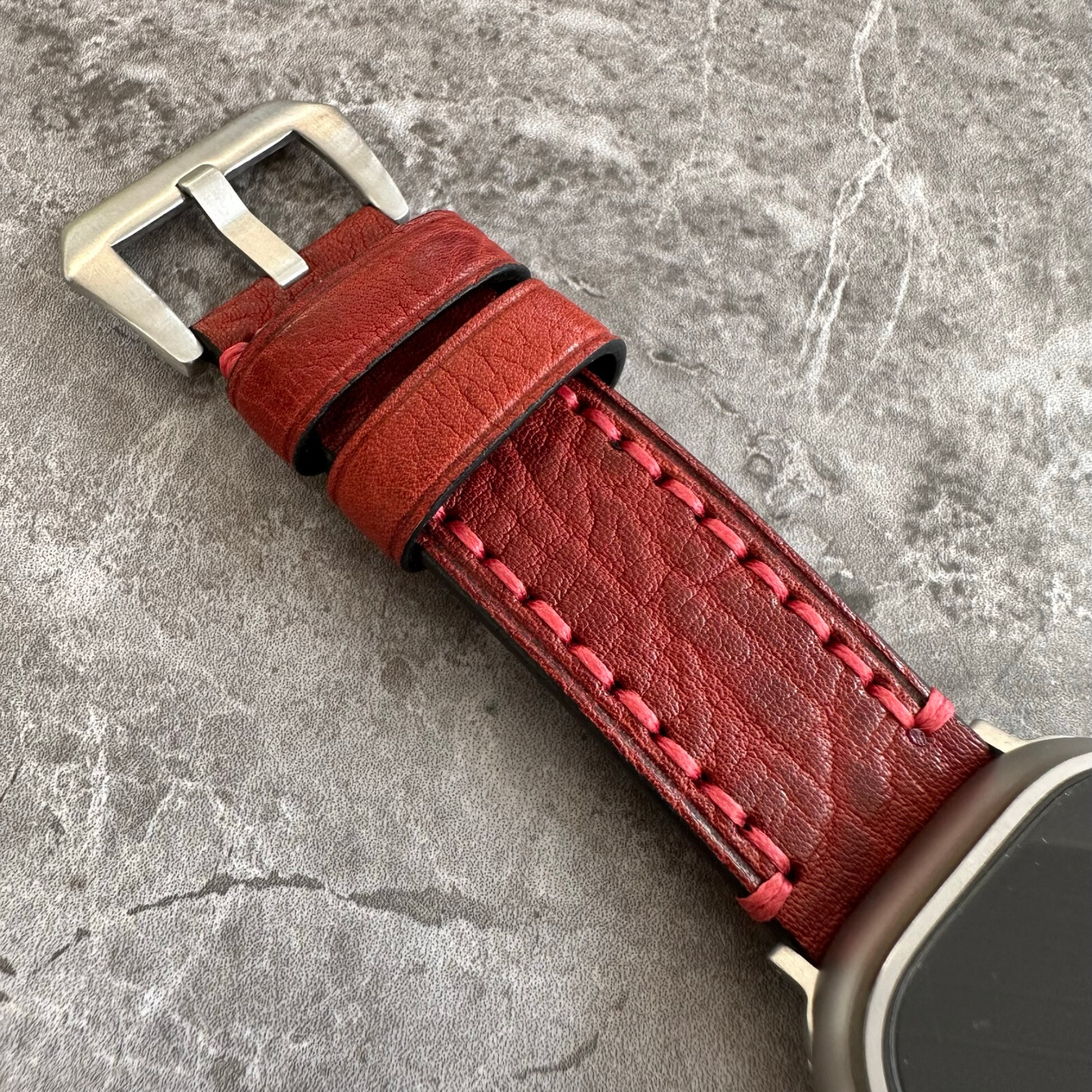 Premium Thick Red Lychee Leather Watch Strap Band For Apple Watch Ultra 1 2 49mm