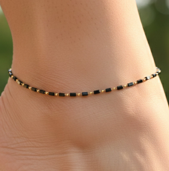 Elegant Black Tourmaline Color Beaded Anklet 18K Gold Plated Brass Chain Anklet