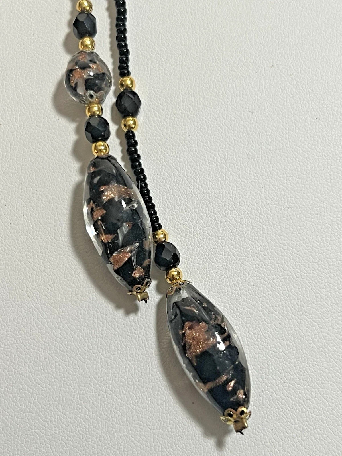 Vintage Venetian Murano Art Glass Beaded Black and Gold Necklace 18″ LARIAT