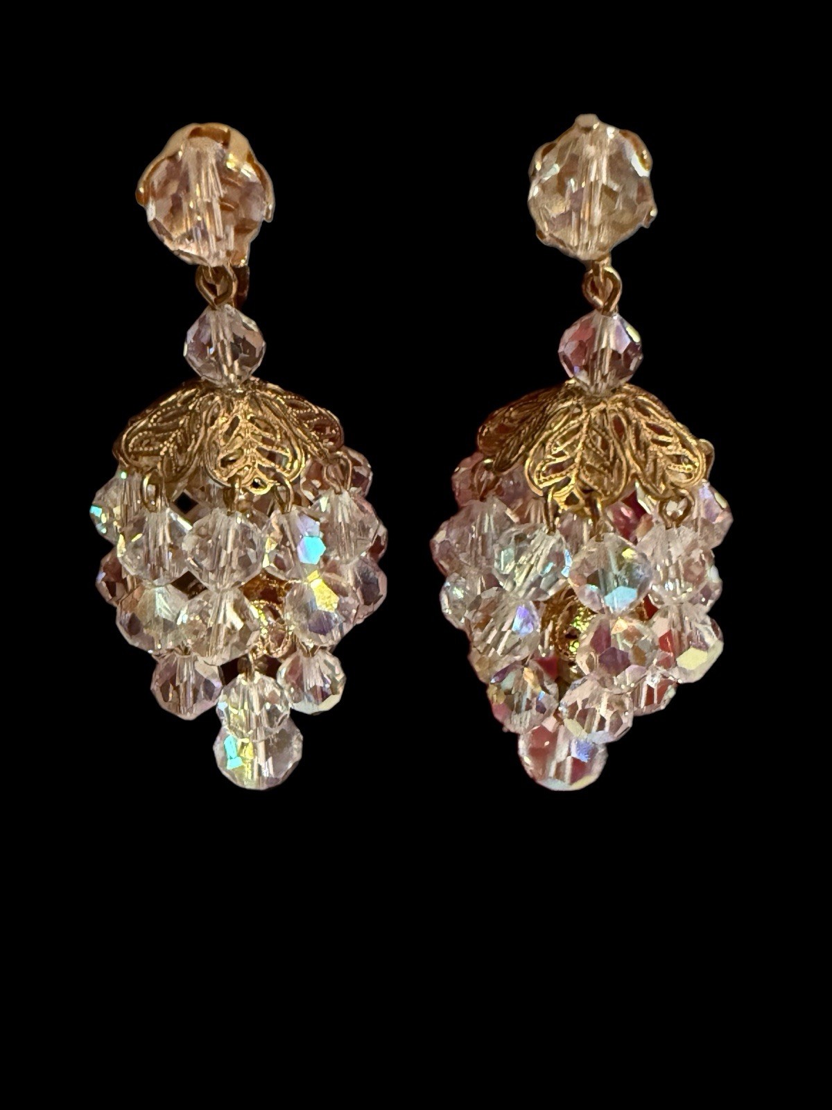 Vintage Sparkling Clip On Rhinestone AB Crystal Prism Chandelier Earrings