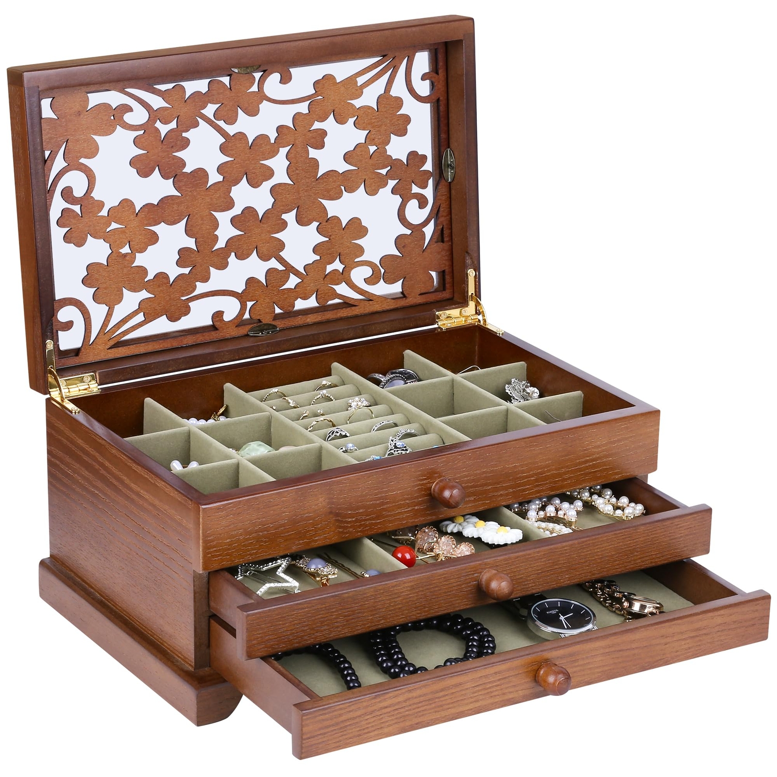 Kendal 3 Layer Wooden Jewelry Box Jewelry Holder Organizer w/ Four Leaf Pattern