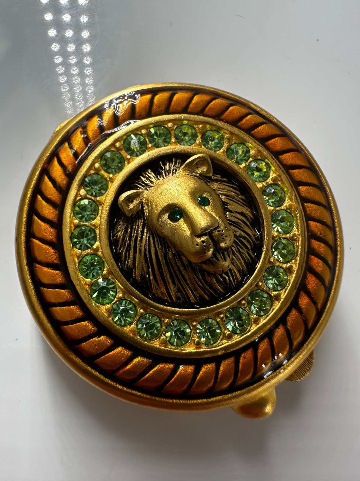 Vintage Signed Bob Mackie Gold-tone Enamel & Green Crystal Lion Trinket Pill Box