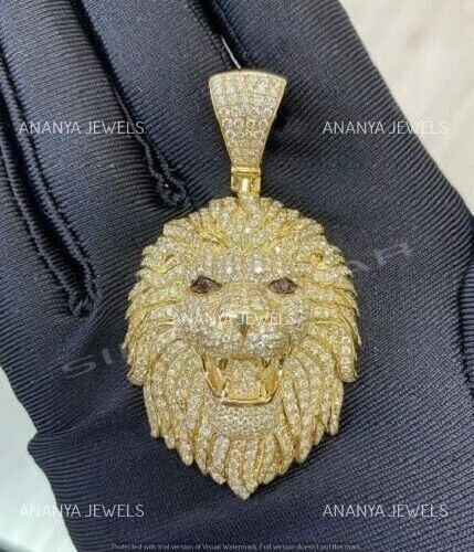 Animal Lion Face Men Pendant 3.44 Ct Round Cut Moissanite 14K Yellow Gold Plated