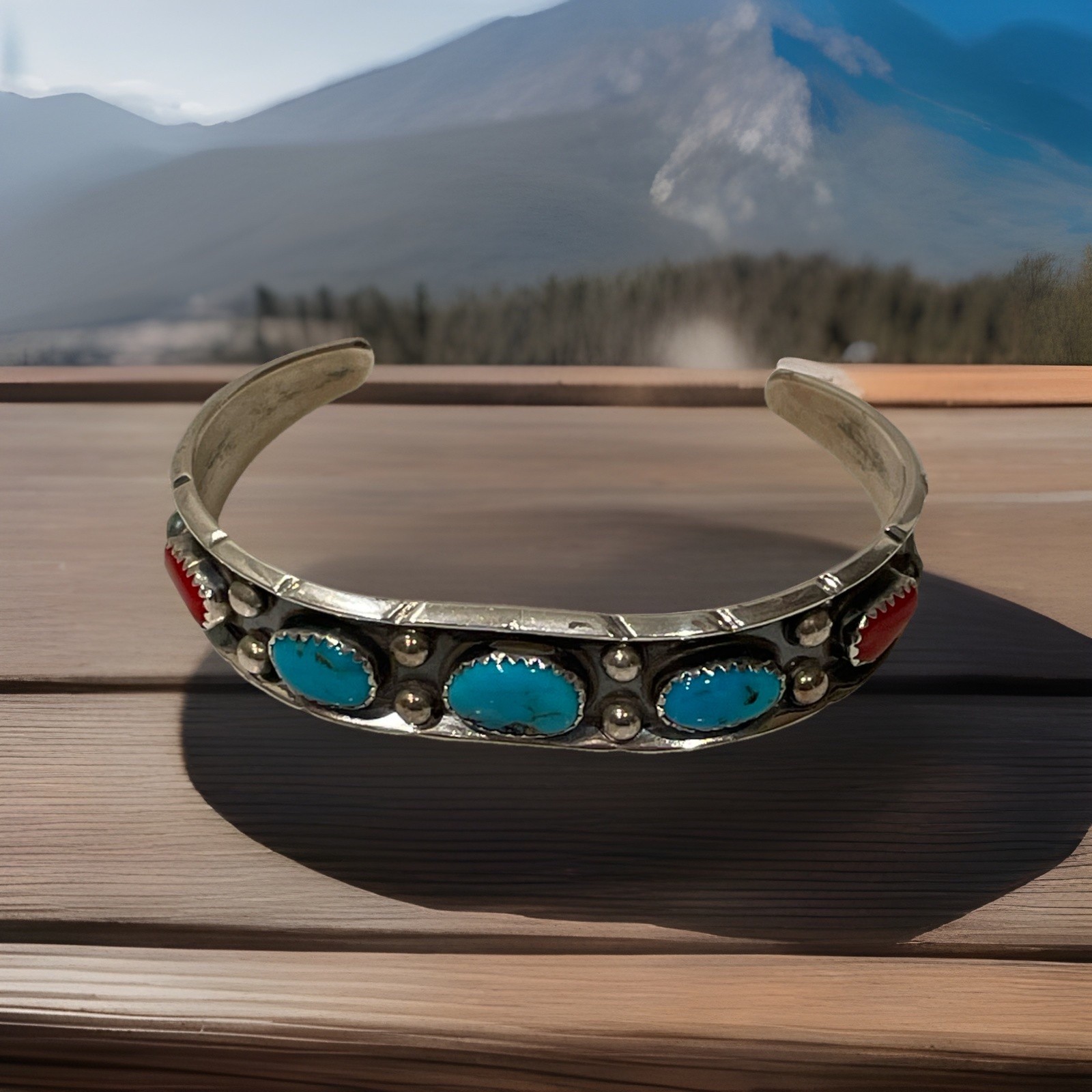 Vintage Navajo Sterling Silver Turquoise & Red Coral Shadow Box Cuff Signed P.L.